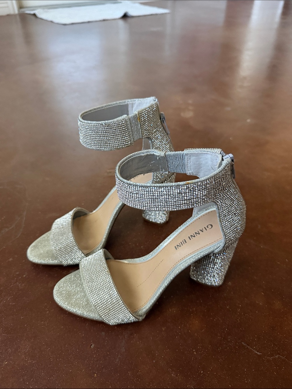 Gianni Bini Silver Rhinestone Block Heel Ankle Strap Sandals